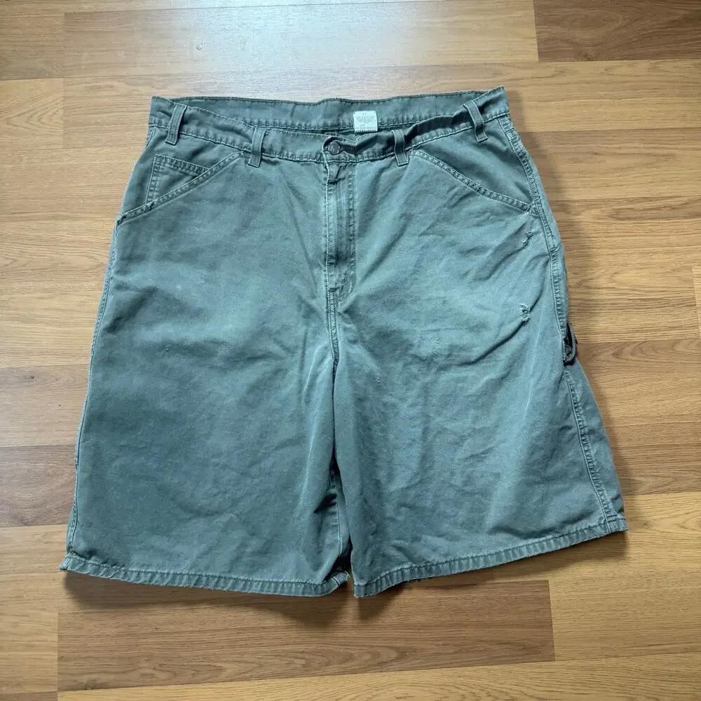 Men's Vintage 90's Levi's L2 Green Denim Baggy Jean Cargo Shorts Sz 36 x 10.5